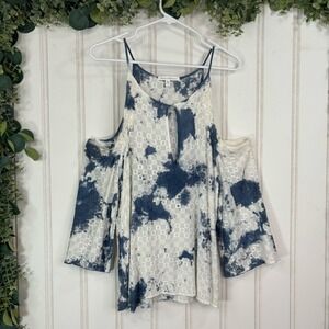 Flowers of Romance Blue Tie Dye Cold Shoulder Top Boho Feminine Women MEDIUM